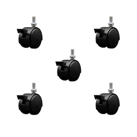 Service Caster 2'' Black Metal Hood Twin Caster with Brake Nylon Wheel 3/8 Thread Stem, 5PK SCC-TS02S50D-NYS-FB-B-381634-5